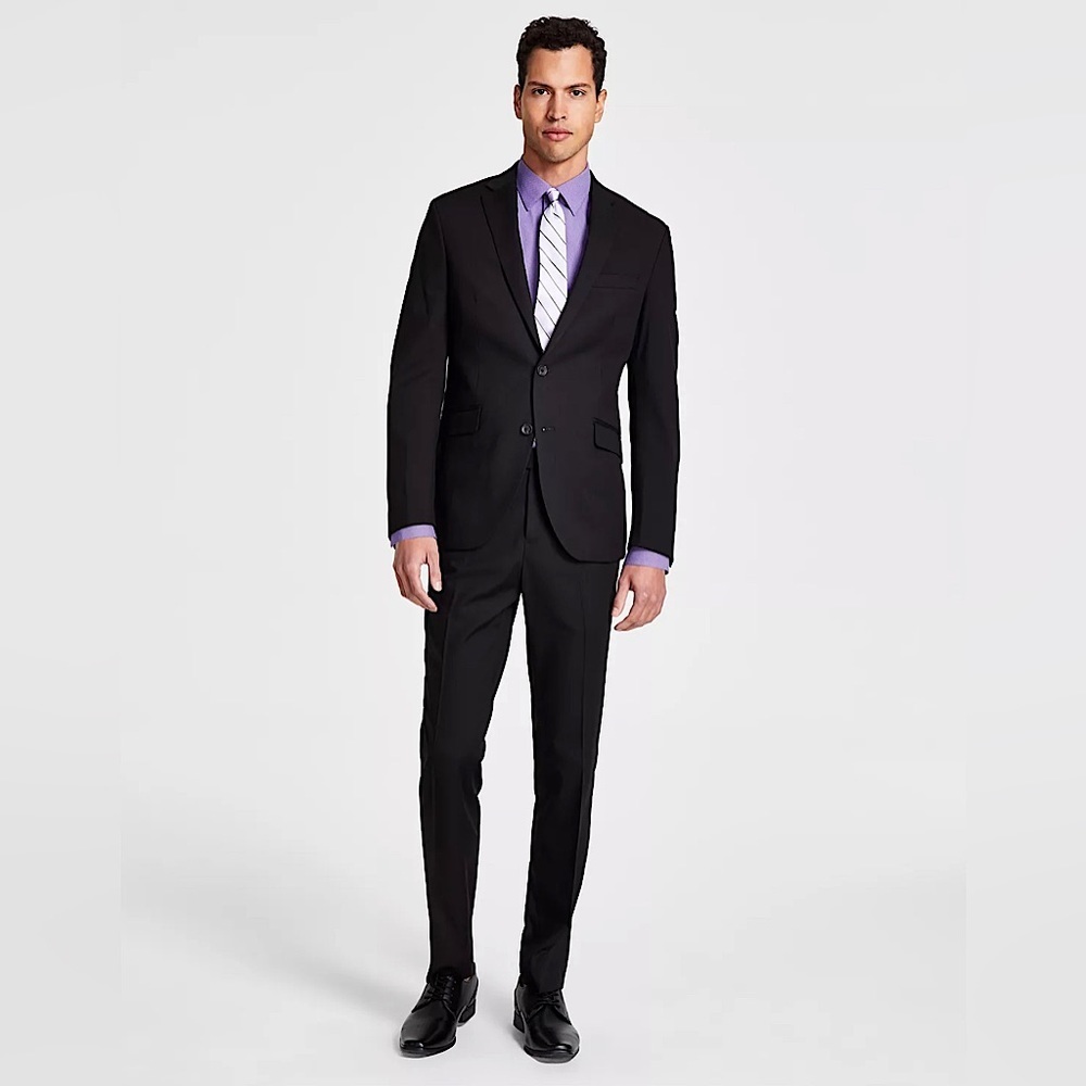 NWOT Kenneth Cole Men’s Black Suit & Purple Button Down Striped Shirt si…